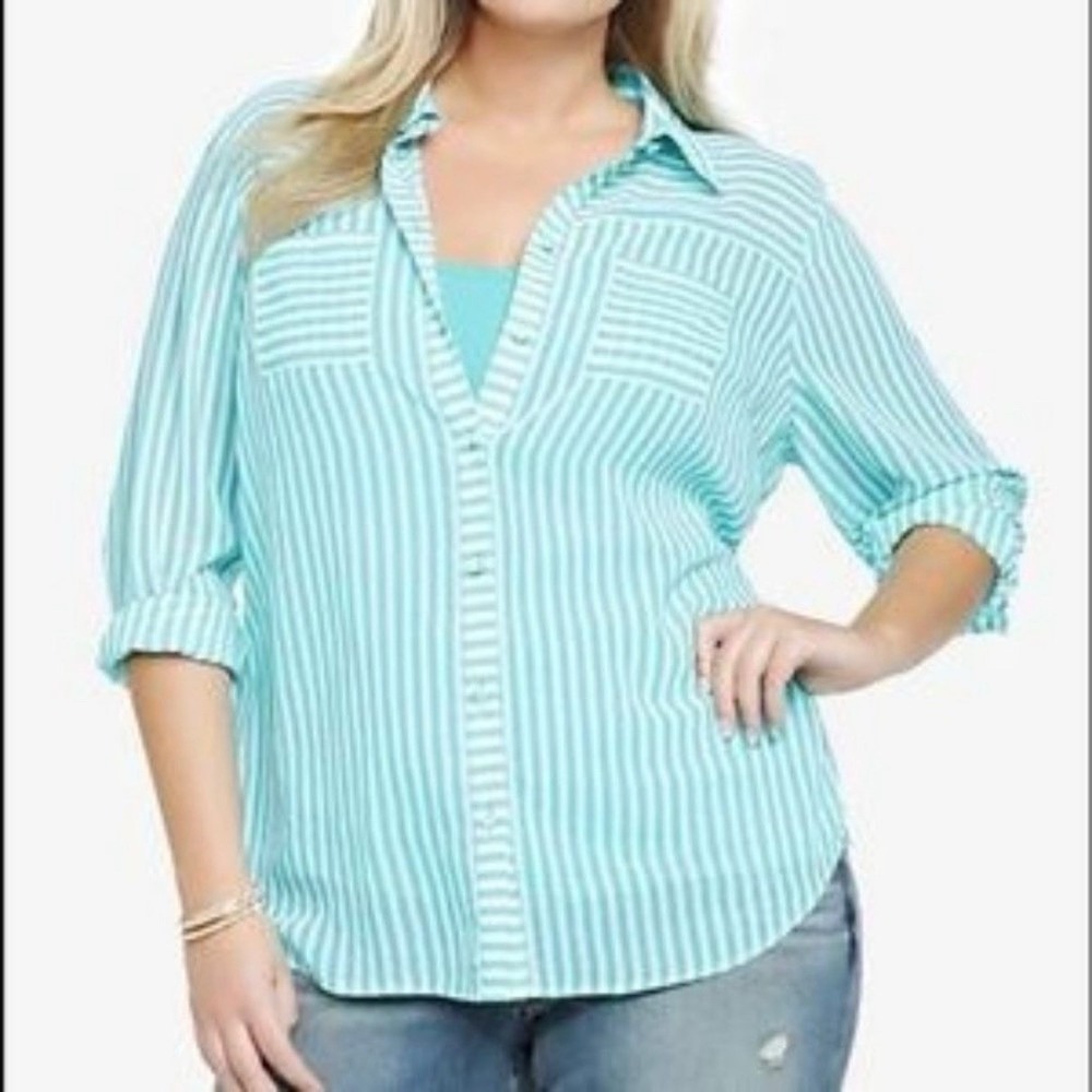 Torrid Aqua Striped Long Sleeve Button Up Chiffon Top Size 2X